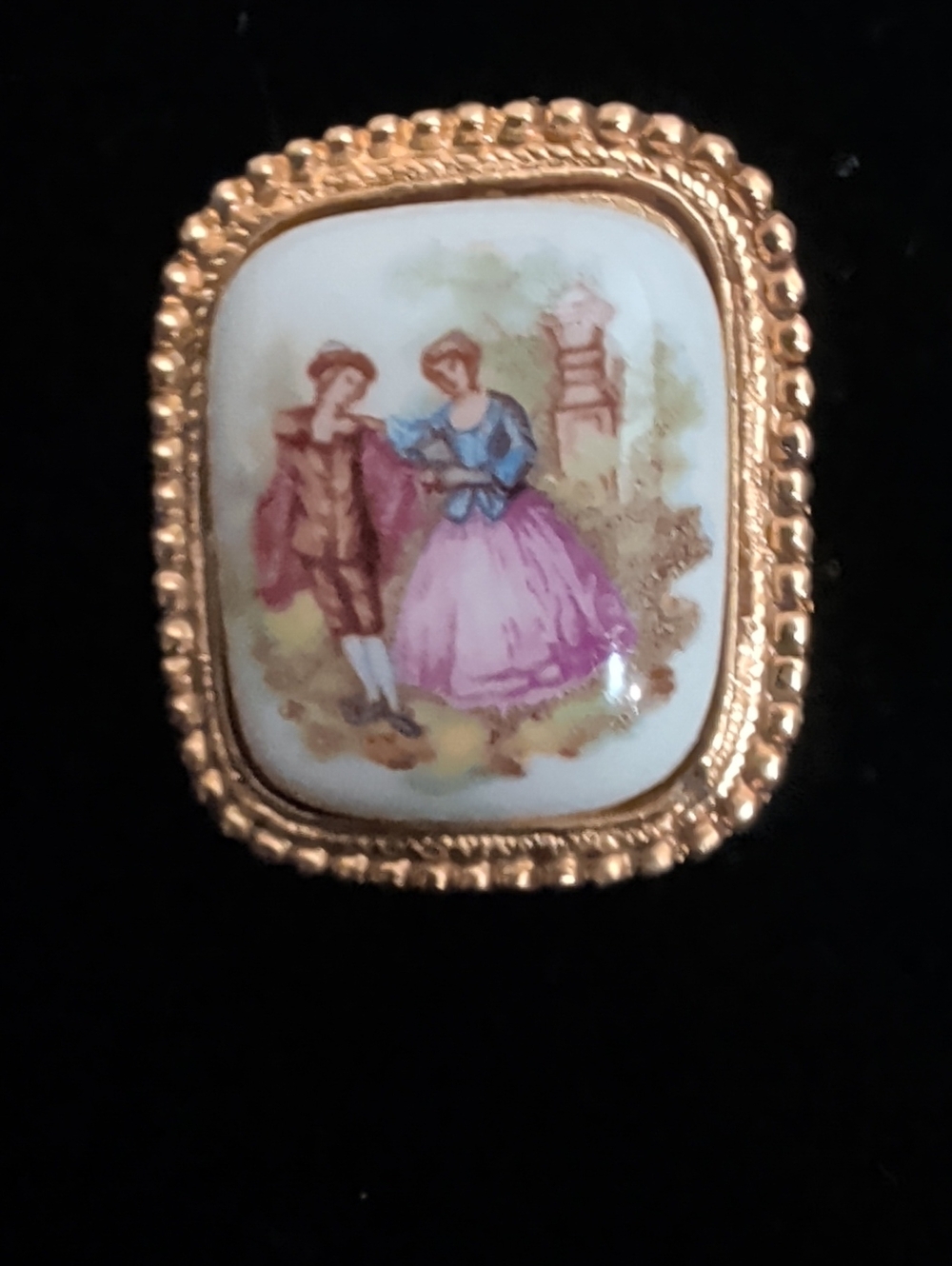 Vintage Limoges "Presenting The Lovers" Gold Framed Porcelain Brooch Pin